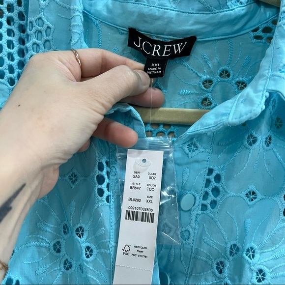 J.Crew Women's XXL Aqua Blue Long-Sleeve Eyelet Popover Blouse Casual Summer NWT - Picture 4 of 11